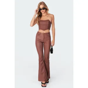 Edikted Luna Faux Leather Mid Rise Flared Jeans Size Medium Brown Chic thumbnail 3