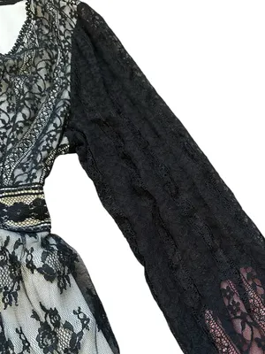 Vintage Black Lace Mesh Babydoll Top Sheer Sleeves Tie Back Y2K Goth Dark Fairy thumbnail 4