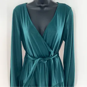 Leadingstar Chic Deep Green Long Sleeve Mock Wrap Dress w/Matching Belt-Size L thumbnail 2