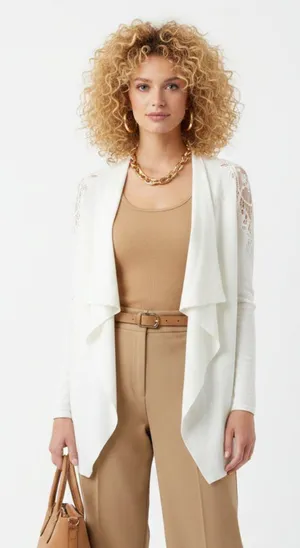Limited Ivory Long Sleeve Crochet Accent Open Drape Front Cardigan Sweater M thumbnail 1