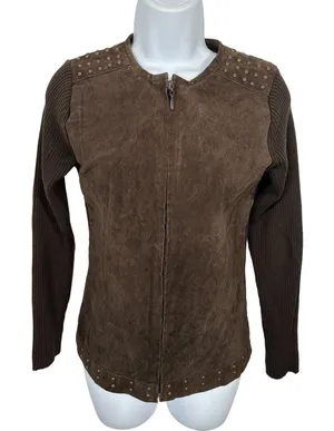Vintage Y2K Escapade Sweater Full Zip Suede Brown Long Sleeve Womens‎ Small thumbnail 1