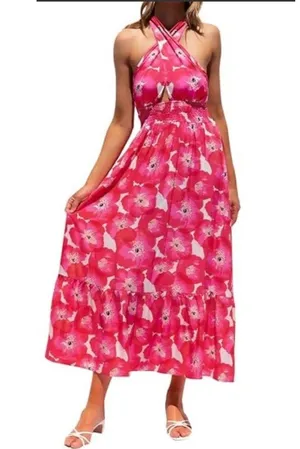 New Pink Floral Cross Neck Halter Open Back Printed Summer Maxi Dress Size XL thumbnail 1