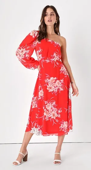 NEW Lulus Brunch Besties Red Floral One Shoulder Midi‎ Graduation Wedding Dress thumbnail 1