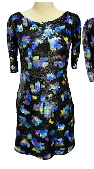 VTG Tracy Reese 4 Floral Sequin Mini Dress Blue Scoop Back Party Glam Evening thumbnail 1