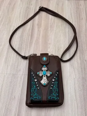 Montana West Crossbody Wallet Bag Womens OS Brown Excellent Turquoise Western thumbnail 1