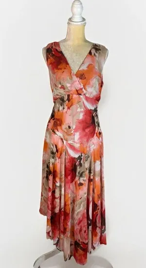 Dressbarn Y2K Chiffon Draped Midi Dress size 14 Pink Floral Silky 2000's thumbnail 1