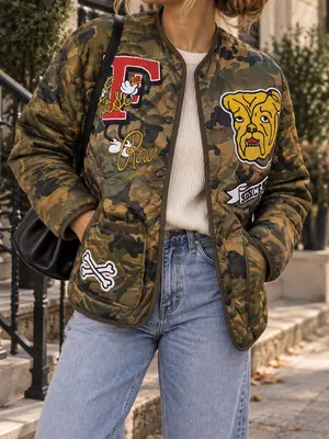 First Row Camo Quilted Bomber Jacket Bulldog Embroidered Patches Small thumbnail 1