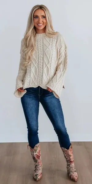 Le Lis Cream Cable Knit Crewneck Sweater thumbnail 1