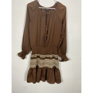 Shyanne Brown Western Embroidered Smocked Mini Dress Long Sleeve Tassels Size M thumbnail 3