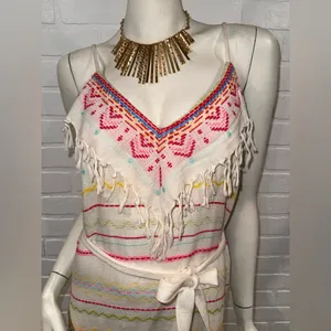 Amanda Uprichard White Fringe Knit Dress with Pink & Multicolor Embroidery thumbnail 3