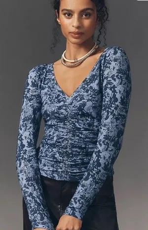 Pilcro Anthropologie Long-Sleeve Cinched V-Neck Top Blue Floral Sz M NEW Classic thumbnail 1