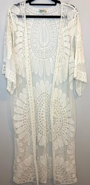 Rebellion Again Ivory Lace Duster Kimono S Embroidered Boho Maxi Cover Up thumbnail 1