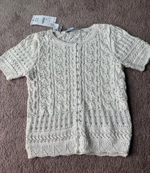 ZARA White Crochet Knit Button Up Short Sleeve Sweater Small thumbnail 1