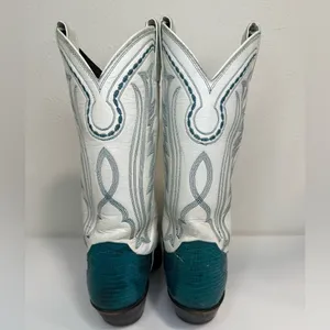 Justin Boots Vintage White Teal Western Cowgirl Boots Lizard Stitch 6.5 RARE thumbnail 4