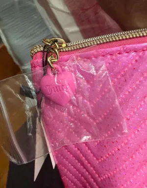 Juicy Couture pink glittery chevron cosmetic bag with gold logo thumbnail 5