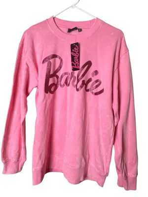 Barbie Pink Distressed Style Glitter Crewneck Logo Pullover Sweatshirt Size M thumbnail 1