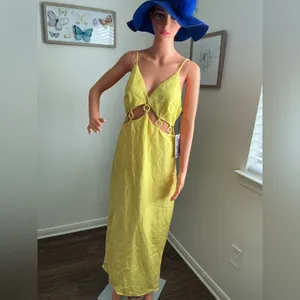 Women's Yellow Cutout Midi Dress - Spaghetti Strap Summer Dress Size 10 thumbnail 4