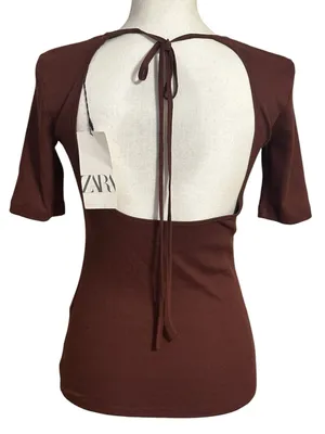 Zara Brown Ribbed Short Sleeve Open Back with Delicate Tie Top NWT thumbnail 3