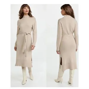 NWT Rails Wool Blend Mila Tie Waist Turtleneck MIdi Sweater Dress Taupe S thumbnail 11