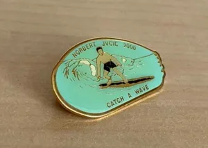 NWOT Vintage Y2K Surfer Surf Pin Norbert JVCIC 2000 Catch A Wave Blue & Gold thumbnail 2