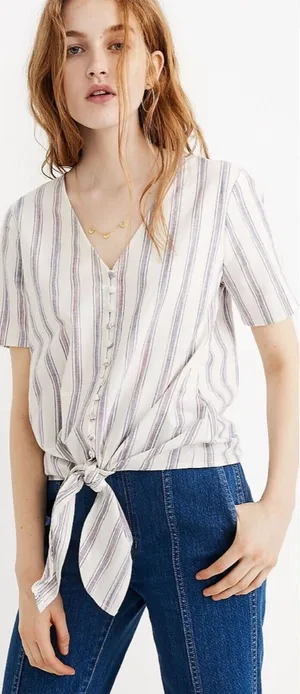 Madewell Agency Button Front Top in Sarasota Stripe Ivory Size Medium Tie Hem thumbnail 1
