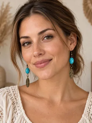 Handmade Turquoise Oval Bead Feather Earrings Western Boho thumbnail 2