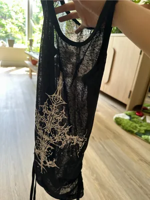 Black mesh tank top with white ornate cross graphic and adjustable tie ruching thumbnail 4