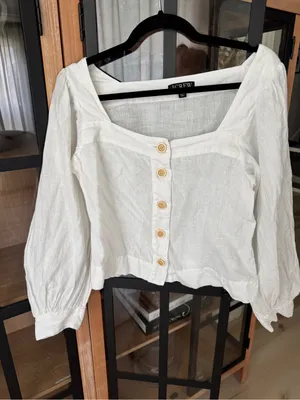 J. Crew linen top Squareneck button-up blouse puff long sleeve neutral thumbnail 8
