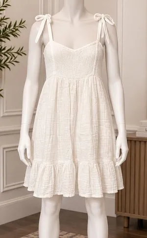 Old Navy Womens Cami Dress White Cotton Gauze Tie Shoulder Smocked Medium thumbnail 1