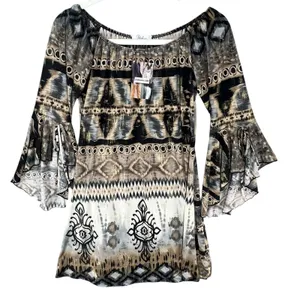 Parker Mini‎ Dress XS Black Gray Tan Gold Abstract Stretch Bell Sleeve Boho Chic thumbnail 3