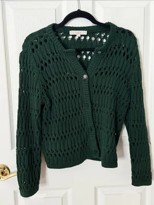 LOFT Forest Green Open-Knit Button Cardigan Sweater size XS thumbnail 1