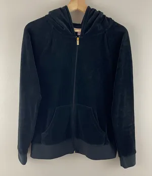 Y2K Black Velvet Velour Hooded Tracksuit Jacket Sweatshirt thumbnail 2