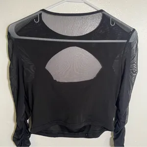 Women's Ruched Cut Out Top Blouse Long Sleeve Black Cropped Sheer Mesh thumbnail 6