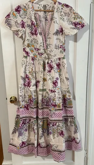 Anthropologie White and Purple Floral Somerset Maxi Dress with pockets thumbnail 1