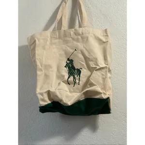 Polo Ralph Lauren Tote Bag 100% Cotton Canvas Green Logo Graphic Pony New thumbnail 5