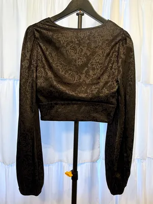 LULUS In a Mood Black Satin Jacquard Long Sleeve Crop Top Size XS thumbnail 10