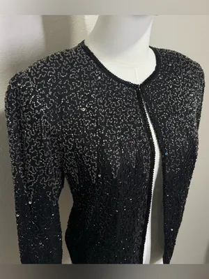 90s STÉNAY Beaded 100% Silk Bolero Jacket | Black Silver Sequin Evening thumbnail 2