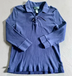 Lauren Ralph Lauren Navy Ribbed Knit Tie-Front Sweater Shirt Size Large thumbnail 1