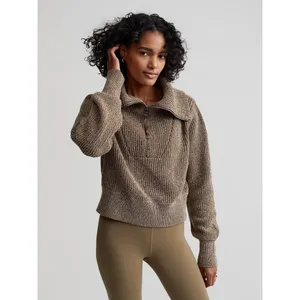 Varley Mentone Sweater XS Brown Marl Half Zip Cotton Ribbed Oversized Collar thumbnail 6