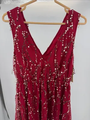 Southern fried chics deep red Sequined V-Neck and back sequin fringe L dress thumbnail 5