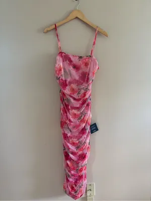 Lulus Blossoming Excellence Pink Floral Mesh Ruched Midi Dress Size Medium Party thumbnail 5