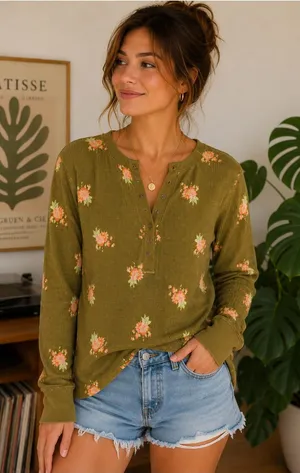 Aerie Olive Floral Waffle Knit Henley Top Cottagecore Boho Long Sleeve Thermal thumbnail 1