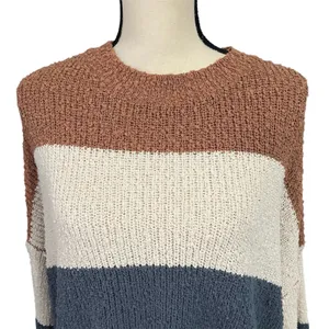 Debut NWOT Women's Brown Cream Blue Wide Stripe Cropped Sweater Sz M Cozy thumbnail 2