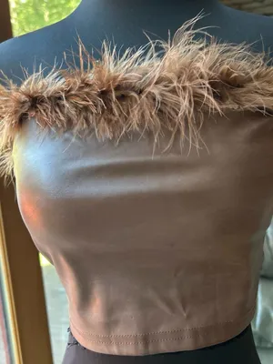 SHEIN Brown Faux Leather Feather-Trim Crop Top thumbnail 1