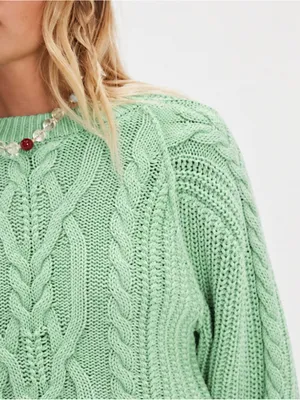 NWT Free People Frankie Cable Knit Cotton Sweater Patina Green Lime LARGE thumbnail 3