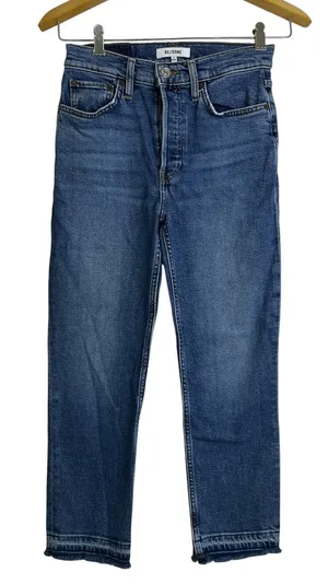 Re/Done 90s High Rise Extra Crop Jeans Womens 25 Blue Denim Button Undone Hem thumbnail 1