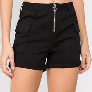 High Waist Zipper Side Pockets Cargo Shorts Black thumbnail 1
