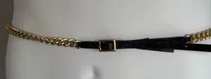 Gold Chain and Black Leather Skinny Belt - Women Accessories thumbnail 1