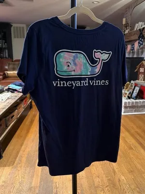 Vineyard Vines navy t-shirt colorful tie-dye whale logo on the back women's L thumbnail 1