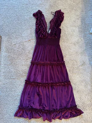 Anthropologie Love The Label Velvet Ruffle Maxi Dress in Burgundy Wine thumbnail 3